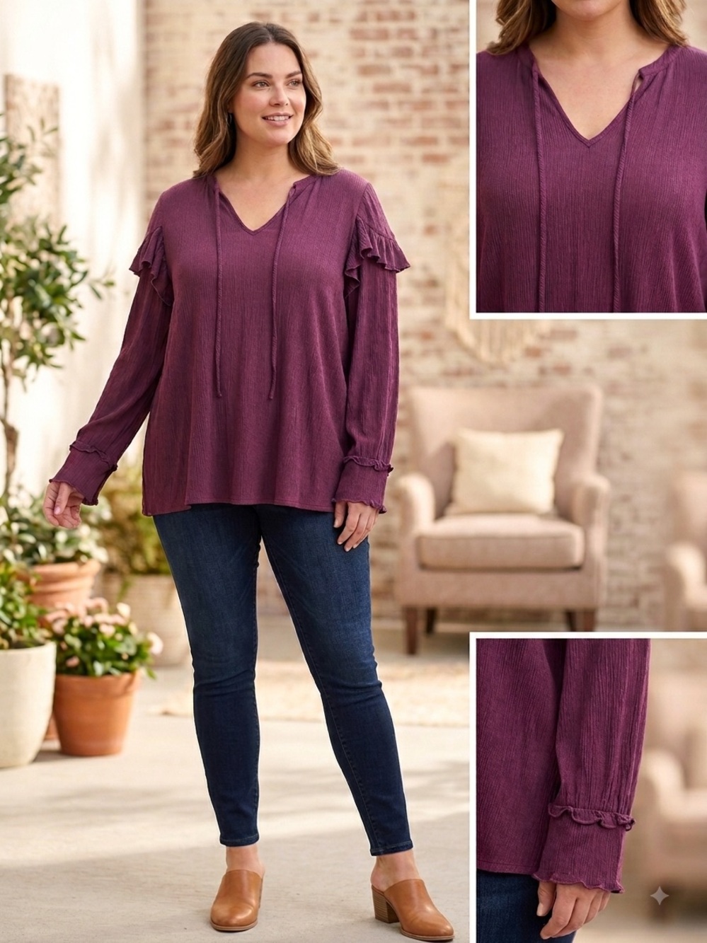 Wonderly Ruffle-Sleeve Crinkle Blouse Plum XL